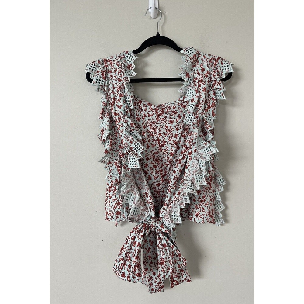 Anthropologie Blue Tassel Women Floral Cotton Trina Bow Blouse Top Size XL NEW - Picture 5 of 10